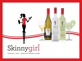 Skinny girl logo and bottles and glass image with red border